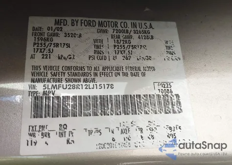 2002 Lincoln Navigator z USA, uszkodzony, nr VIN 5LMFU28R12LJ15178